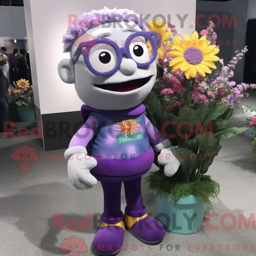 Costume Mascotte Redbrokoly De Bouquet De Fleurs Violet Personnage Habillé Avec Un Sweat-Shirt Et Des Lunettes