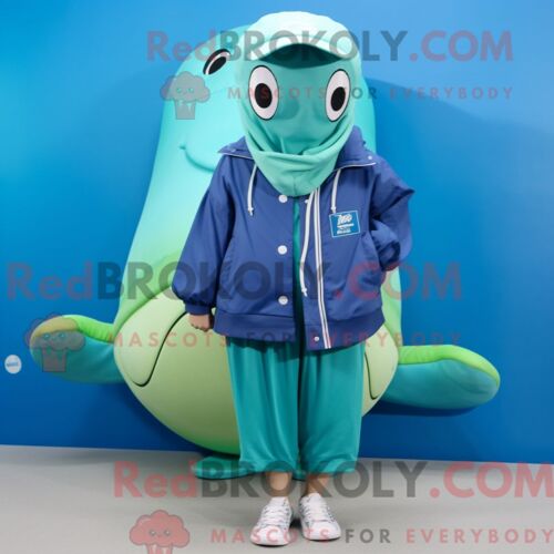Costume De Mascotte Redbrokoly De Baleine Bleue Verte Personnage Habillé Avec Une Jupe-Culotte Et Des Lacets De Chaussures
