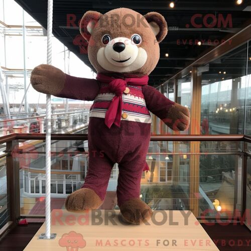 Costume De Mascotte Redbrokoly De Funambule Marron Habillé D Un Pantalon Et D Écharpes En Velours Côtelé