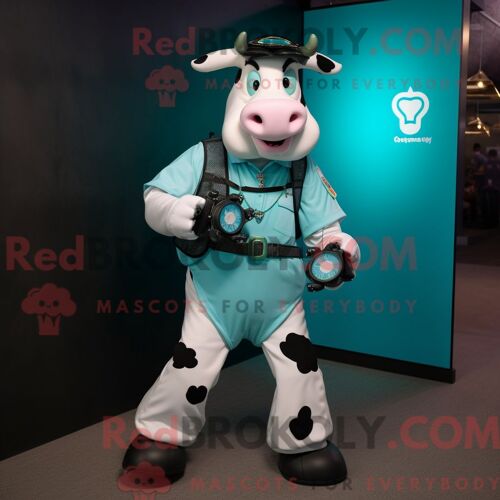 Costume De Mascotte Redbrokoly De Vache Holstein Cyan Habillé D Un Gilet Et De Montres Intelligentes