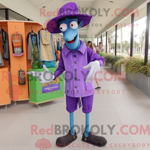 Personnage Mascotte Redbrokoly De Marcheur Sur Échasses Violet Habillé D Un Bermuda Et De Sacs Messager