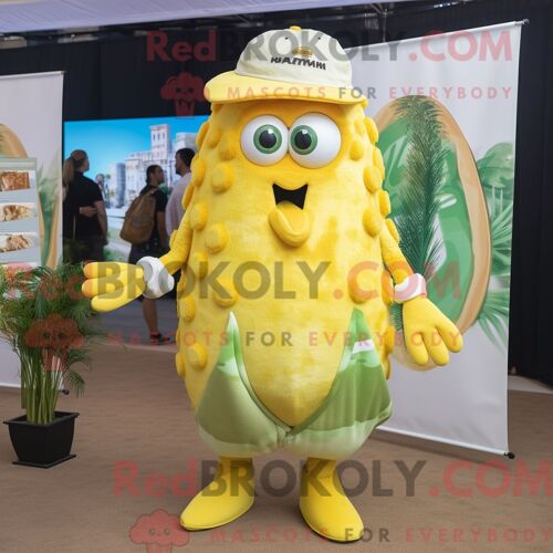 Costume De Mascotte Redbrokoly De Calamars Frits Jaune Citron Personnage Habillé D Un Bermuda Et De Bracelets De Cheville