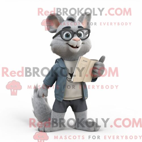 Costume De Mascotte Redbrokoly D Écureuil Volant Gris Habillé D Un Jean Évasé Et De Lunettes De Lecture