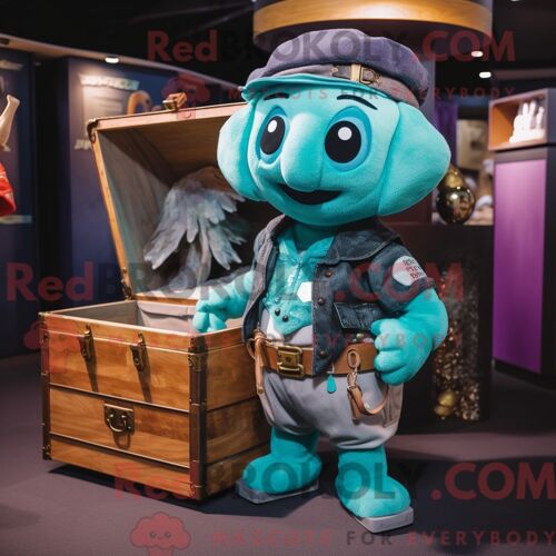 Costume De Mascotte Redbrokoly De Coffre Au Trésor Bleu Sarcelle Habillé Avec Une Combishort Et Des Bretelles