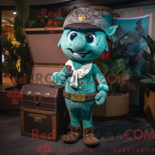 Costume De Mascotte Redbrokoly De Coffre Au Trésor Bleu Sarcelle Habillé Avec Une Combishort Et Des Bretelles