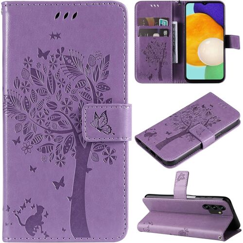 KAL-Coque Compatible Avec Samsung Galaxy A13 4G / Galaxy A13 Lite 4G - Cuir Flip Étui/Portefeuille Case Cover Housse Tpu Silicone - Arbre Et Chat - Violet