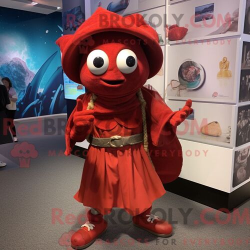 Personnage De Costume De Mascotte Redbrokoly De Ceviche Rouge Habillé D Une Robe Portefeuille Et De Sacs À Dos