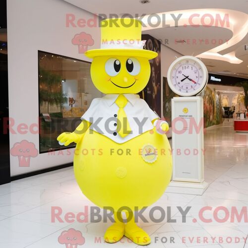 Costume De Mascotte Redbrokoly De Montre-Bracelet Jaune Citron Personnage Habillé Avec Une Robe De Mariée Et Des Épingles À Chapeau