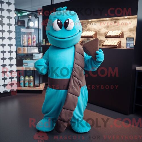 Costume Mascotte Redbrokoly De Barre De Chocolat Cyan Habillé D Un Col Roulé Et De Porte-Clés