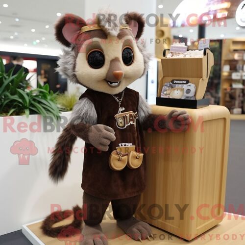 Costume De Mascotte Redbrokoly Aye-Aye Marron Habillé D Une Robe Midi Et D Un Porte-Monnaie