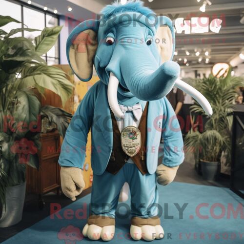 Costume De Mascotte Redbrokoly De Mammouth Bleu Ciel Personnage Habillé Avec Un Gilet Et Des Épingles À Cravate