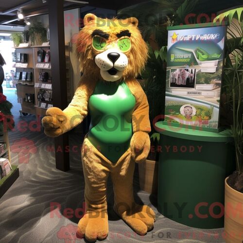 Costume De Mascotte Redbrokoly Smilodon Vert Forêt Habillé D Un Maillot De Bain Une Pièce Et D Un Porte-Monnaie