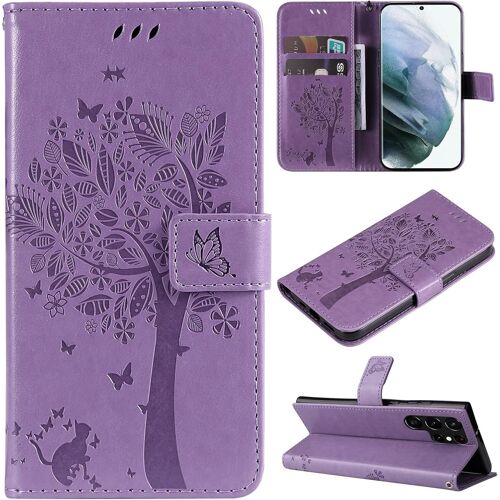 KAL-Coque Compatible Avec Samsung Galaxy S22 Ultra 5G - Cuir Flip Étui/Portefeuille Case Cover Housse Tpu Silicone - Arbre Et Chat - Violet