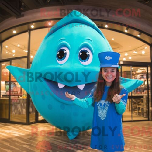 Costume Mascotte Redbrokoly De Stingray Turquoise Personnage Habillé D Un Bikini Et De Bérets