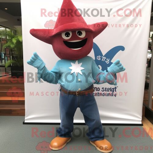 Costume De Mascotte Redbrokoly D Étoile De Mer Marron Habillé D Une Chemise En Jean Et D Épingles À Châle