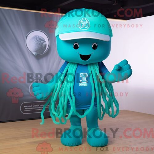 Costume Mascotte Redbrokoly De Méduse Bleu Sarcelle Habillé D Un Polo Et De Bracelets