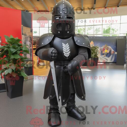 Costume De Mascotte Redbrokoly De Chevalier Médiéval Noir Personnage Habillé D Un Costume Et De Boucles D Oreilles