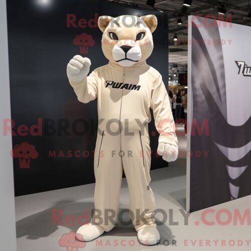 Costume Mascotte Redbrokoly Puma Crème Personnage Habillé Avec Un T-Shirt À Col En V Et Des Coussinets Pour Les Pieds