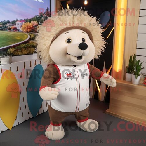 Mascotte Redbrokoly De Hérisson Beige Costume De Personnage Habillé Avec Un Rash Guard Et Des Bonnets