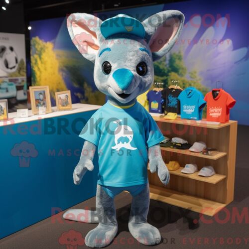 Costume De Mascotte Redbrokoly De Kangourou Cyan Habillé D Un T-Shirt Graphique Et De Bandeaux
