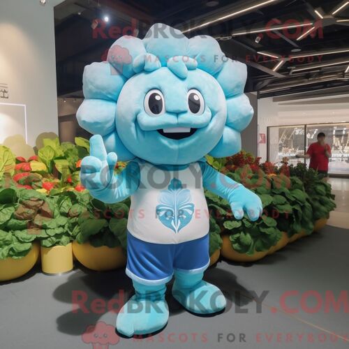 Personnage De Costume De Mascotte Redbrokoly De Chou-Fleur Bleu Ciel Habillé Avec Un Polo Et Des Bracelets De Cheville