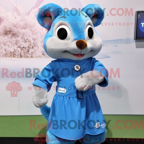 Costume De Mascotte Redbrokoly D Écureuil Volant Bleu Habillé D Une Robe Midi Et De Montres Numériques