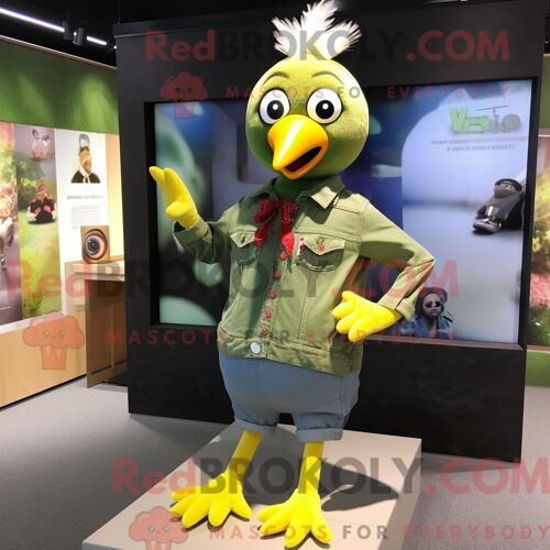 Costume Mascotte Redbrokoly De Poulet Olive Personnage Habillé Avec Un Jean Et Des Broches