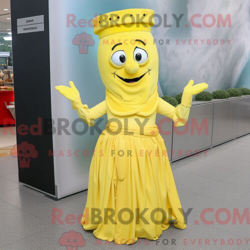Costume De Mascotte Redbrokoly De Goulash Jaune Citron Personnage Habillé Avec Une Robe De Soirée Et Des Gants