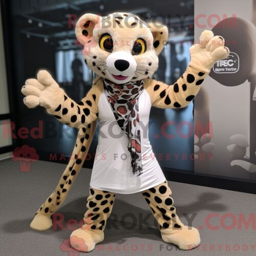Mascotte Redbrokoly De Guépard Beige Personnage Habillé Avec Un Pantalon De Yoga Et Des Clips Pour Écharpe