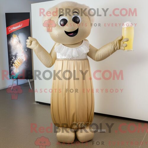 Costume De Mascotte Redbrokoly De Champagne Beige Habillé D Une Robe Longue Et De Coussinets De Pieds