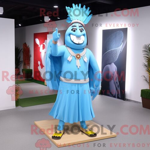Costume De Mascotte Redbrokoly De Chef Bleu Ciel Habillé D Une Robe De Soirée Et De Pinces À Chaussures