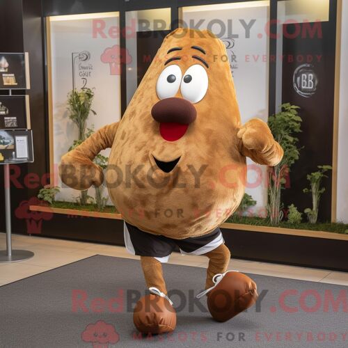 Costume De Mascotte Redbrokoly De Pomme De Terre Marron Habillé D Un Short De Course Et D Épingles À Cravate