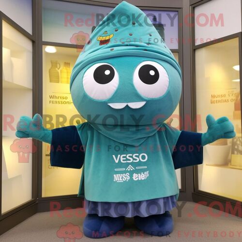 Costume De Mascotte Redbrokoly De Soupe Miso Bleu Sarcelle Habillé Avec Un T-Shirt À Col En V Et Des Écharpes