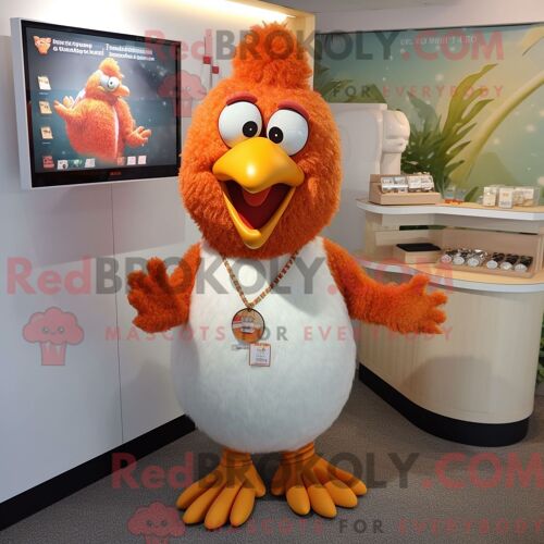 Personnage De Costume De Mascotte Redbrokoly De Poulet Frit À La Pêche Habillé Avec Un Pantalon Capri Et Des Colliers