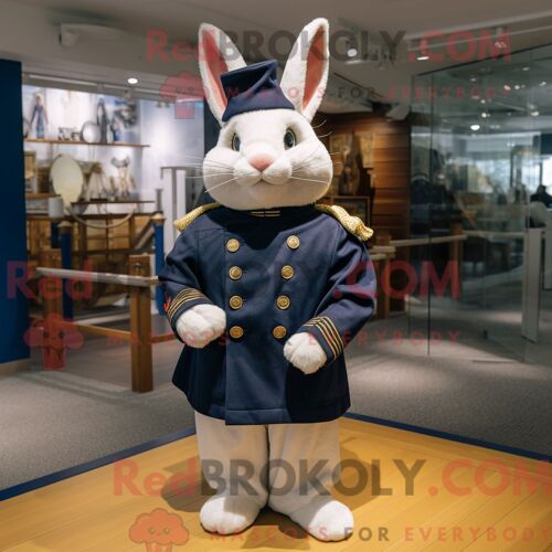 Costume Mascotte Redbrokoly De Lapin Bleu Marine Habillé D Un Manteau Et De Châles