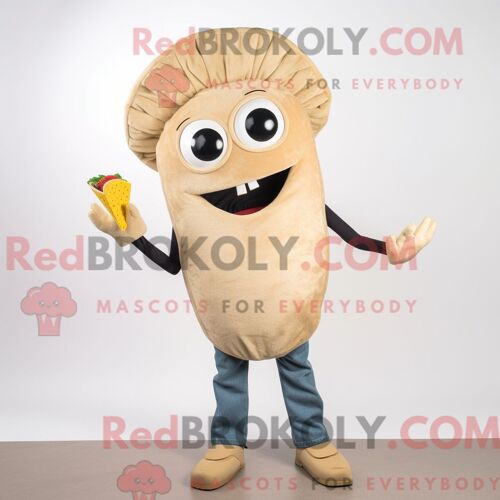 Costume Mascotte Redbrokoly De Tacos Beige Personnage Habillé Avec Un Jean Skinny Et Des Coussinets De Pieds