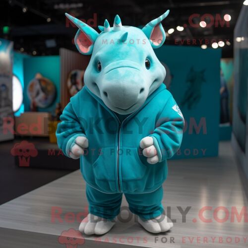 Costume Mascotte Redbrokoly De Rhinocéros Turquoise Personnage Habillé Avec Un Sweat Et Des Broches