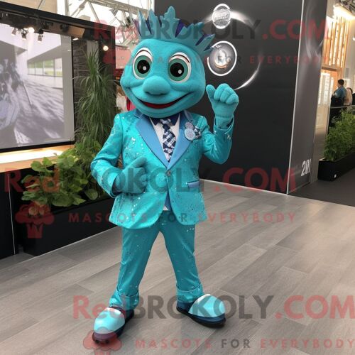 Costume Mascotte Redbrokoly De Turquoise Alliance Personnage Habillé Avec Une Veste De Costume Et Des Broches