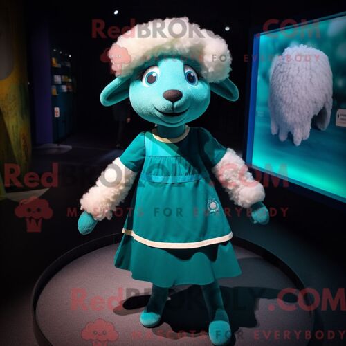 Costume Mascotte Redbrokoly De Mouton Bleu Sarcelle Habillé Avec Une Jupe Plissée Et Des Broches