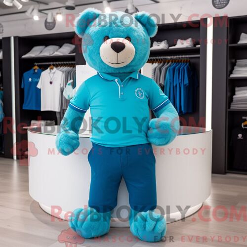 Costume De Mascotte Redbrokoly D Ours En Peluche Cyan Habillé D Un Polo Et De Pinces À Cheveux