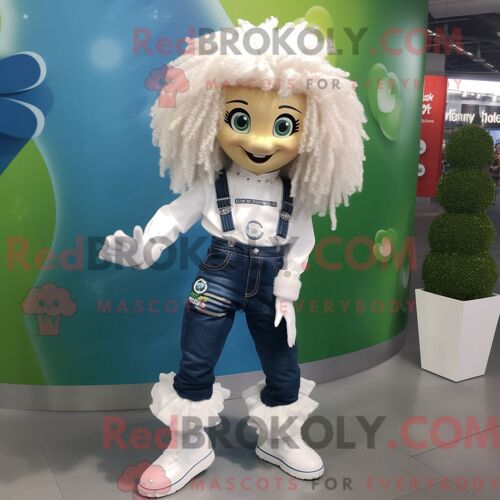Mascotte Redbrokoly De Chaussures De Danse Irlandaises Blanches Personnage Habillé Avec Un Jean Et Des Pinces À Cheveux