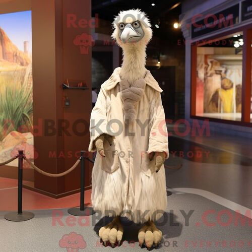 Costume Mascotte Redbrokoly D Émeu Crème Personnage Habillé Avec Un Manteau Et Des Lacets De Chaussures