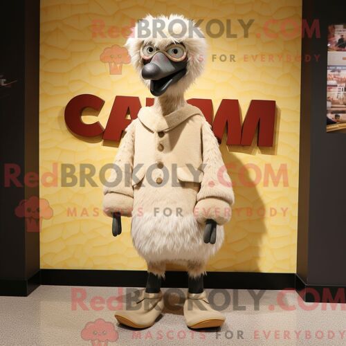 Costume Mascotte Redbrokoly D Émeu Crème Personnage Habillé Avec Un Manteau Et Des Lacets De Chaussures