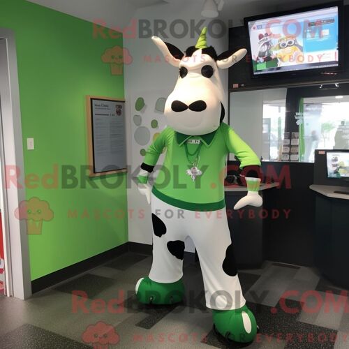 Mascotte Redbrokoly De Vache Holstein Verte Personnage Habillé Avec Un Legging Et Des Pinces À Chaussures