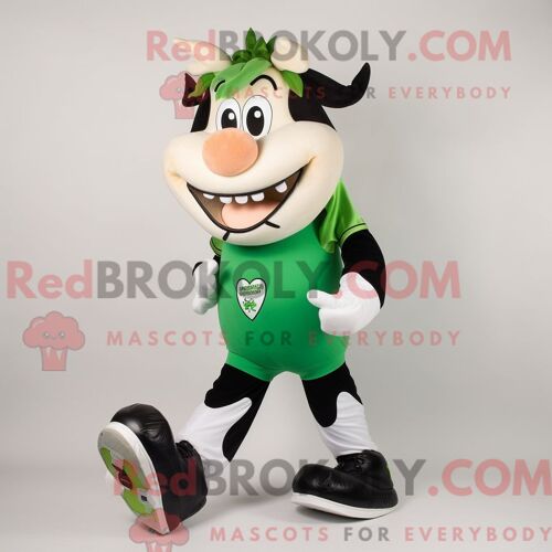 Mascotte Redbrokoly De Vache Holstein Verte Personnage Habillé Avec Un Legging Et Des Pinces À Chaussures