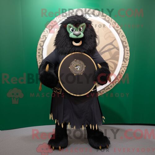 Costume De Mascotte Redbrokoly De Bouclier Celtique Noir Habillé D Un Pantalon Et De Bretelles En Velours Côtelé