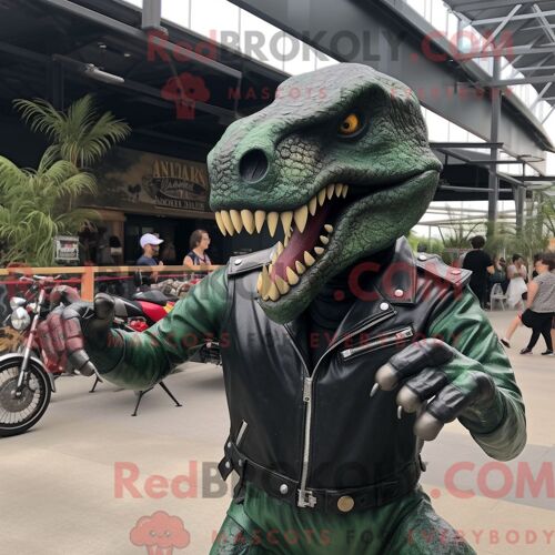 Costume De Mascotte Redbrokoly D Allosaure Vert Forêt Personnage Habillé Avec Une Veste De Motard Et Des Ceintures