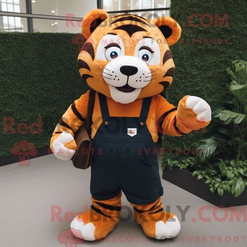 Costume De Mascotte Redbrokoly De Tigre Habillé D Une Salopette Et De Sacs Messager