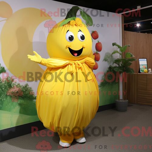 Costume Mascotte Redbrokoly De Tomate Jaune Habillé Avec Une Robe Longue Et Des Bagues