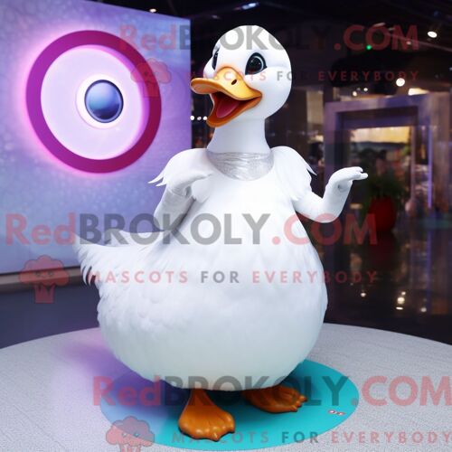 Costume Mascotte Redbrokoly D Oie Blanche Personnage Habillé Avec Une Mini Robe Et Des Bagues